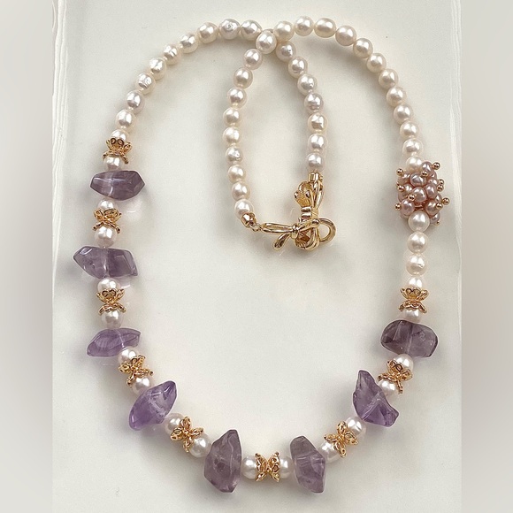 GP47-Handmade Natural Amethyst And Natural Freshwater Baby Pearl Necklace - Picture 3 of 13
